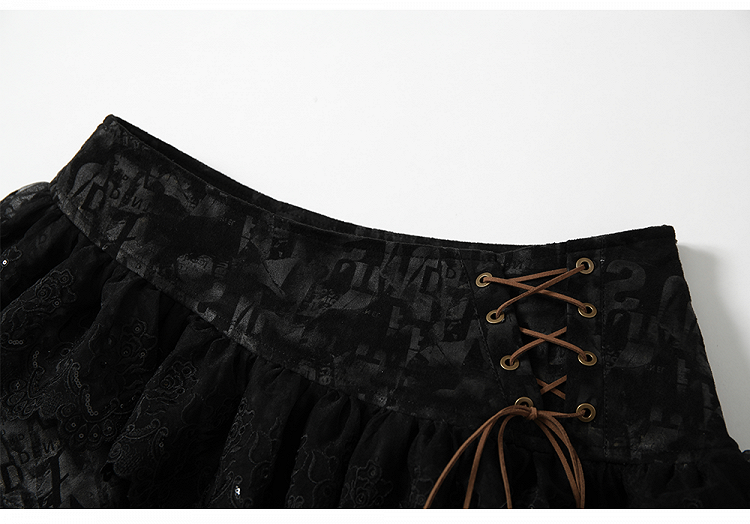 Black  Lace-up Details Lace Trim Tiered Skirt