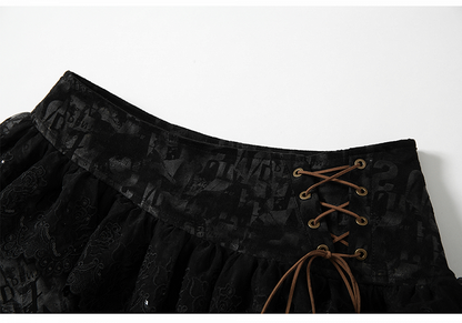 Black  Lace-up Details Lace Trim Tiered Skirt