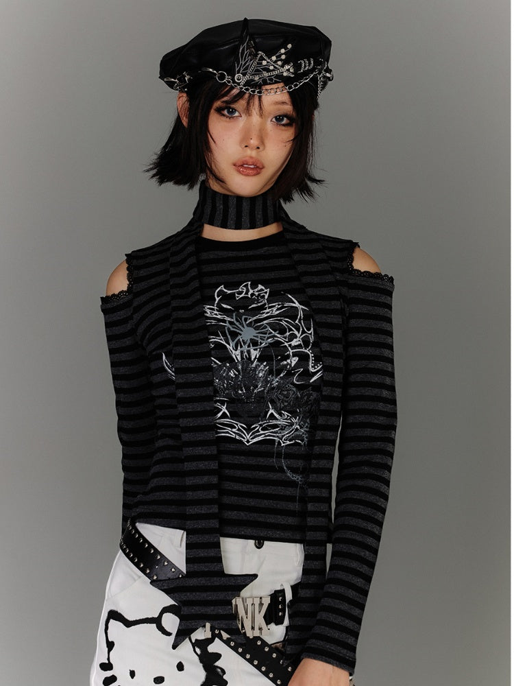 Punk Black & Gray Striped Cutout Shoulder Graphic Top with Star Scarf