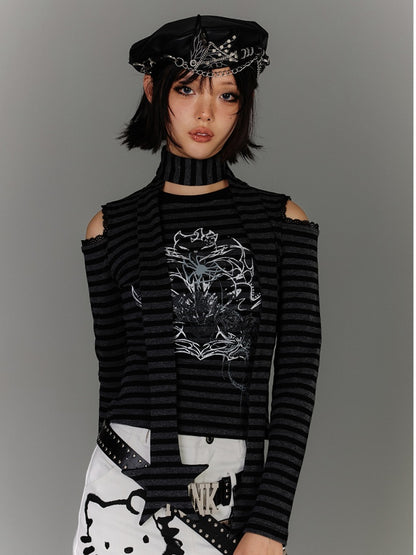 Punk Black & Gray Striped Cutout Shoulder Graphic Top with Star Scarf
