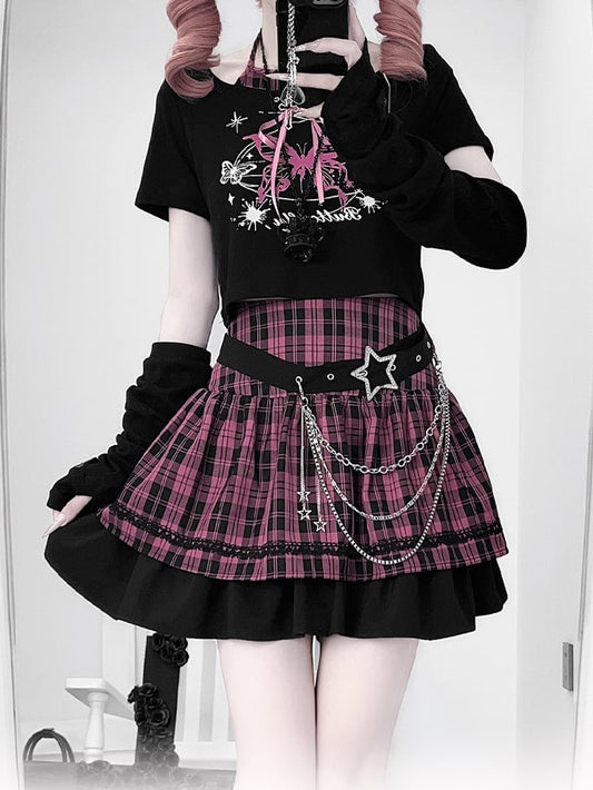 Black and Pink Punk Rock Idol Set- Butterfly Print Halter Top+ Plaid Skirt+ Buckle Belt+ Waist Chain