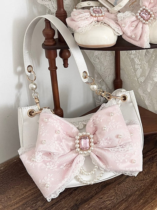 Sweet White Lolita Shoulder Bag in Satin - Rhinestone & Beads Embellished Lace Bow