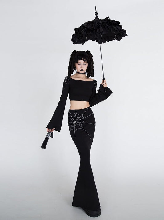 Gothic Black Spiderweb Embroidery Mermaid Skirt