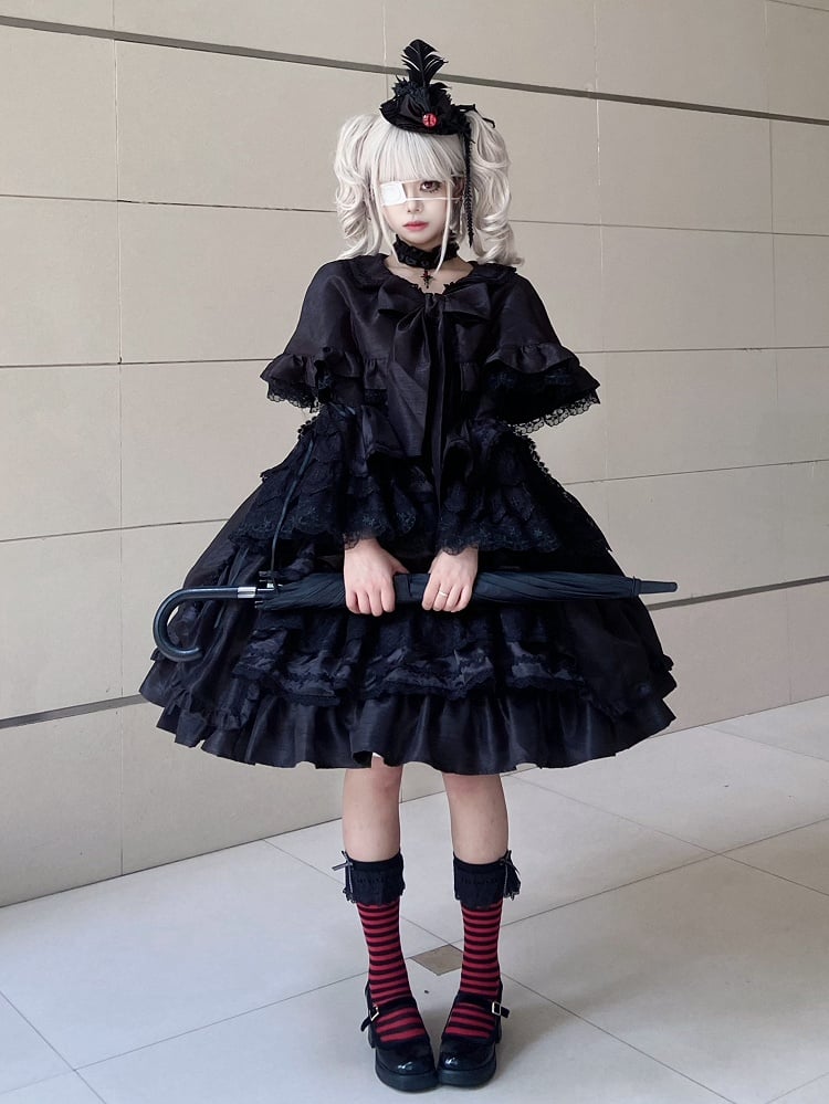 Black Gothic Layered Bell Sleeves Drawstring Skirt Kuro Lolita Dress + Cape