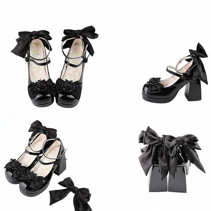 Polished Black Bow at Top Platform High Block Heels