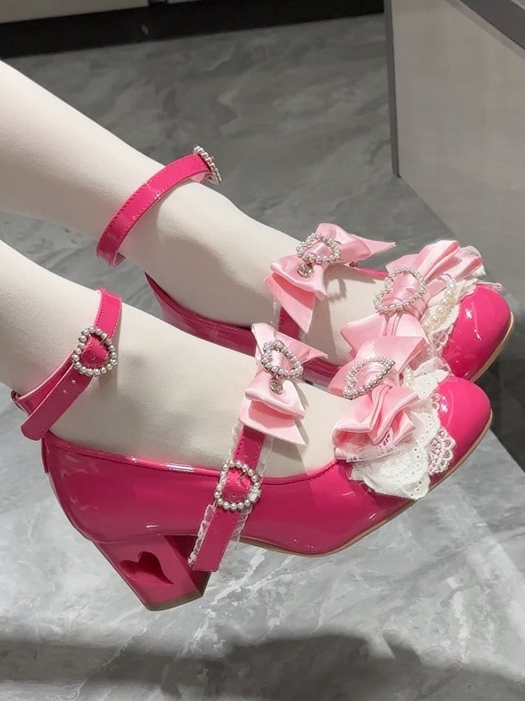 Barbie Pink Bow at Top Heart Cut-out Heels Mary Janes