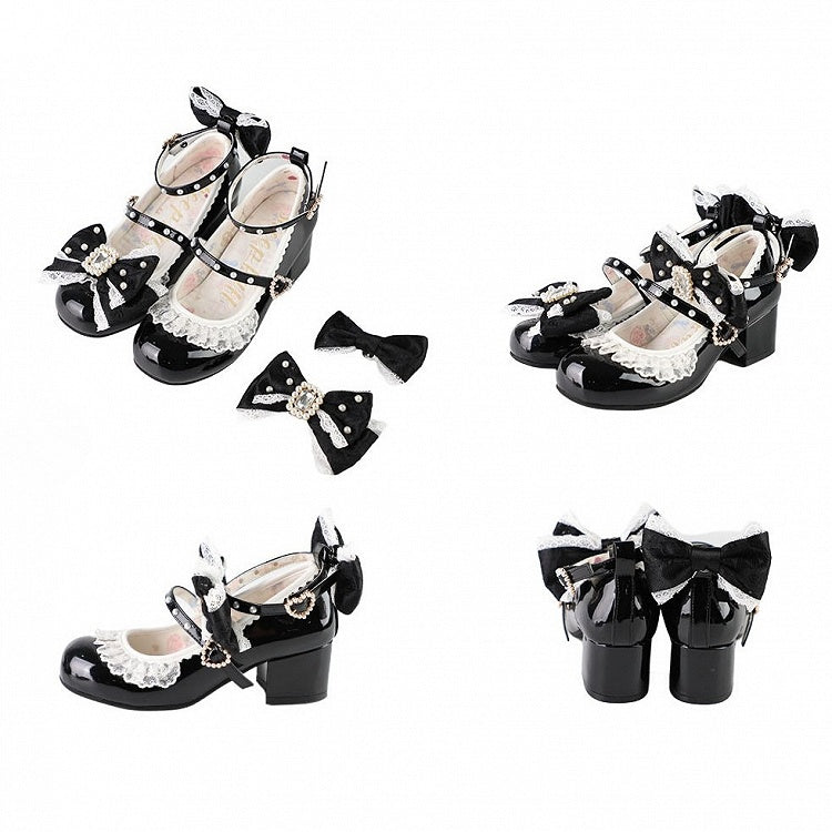 Polished Black Detachable Rhinestone And Beaded Decorated Bowknot Lace Trim 4.5CM Block Heels Shoes