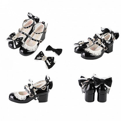 Polished Black Detachable Rhinestone And Beaded Decorated Bowknot Lace Trim 4.5CM Block Heels Shoes