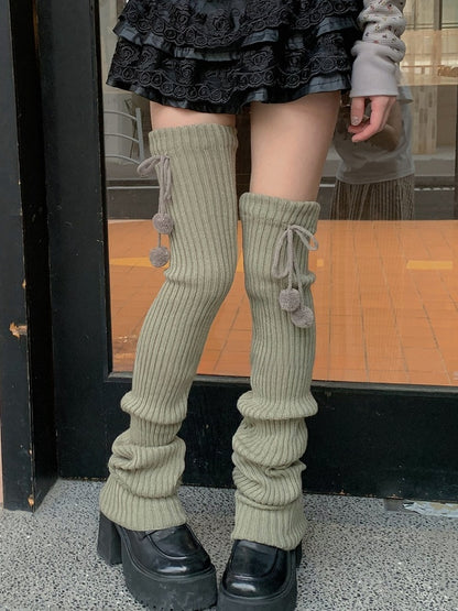 White/Beige/Light Grey/Black 50CM/70CM/90CM Knitted Leg Warmers With Pompons