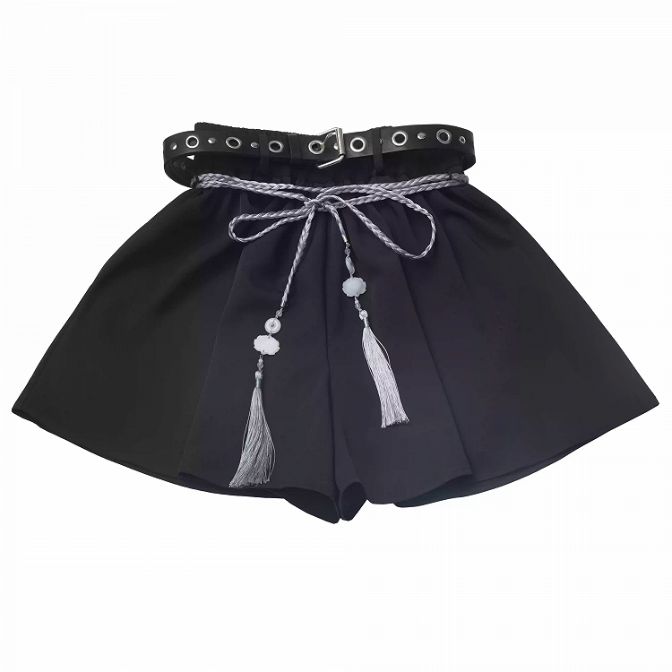 Black Cheongsam Style Shorts with Buckle Belt and Tassel Belt