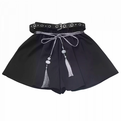 Black Cheongsam Style Shorts with Buckle Belt and Tassel Belt