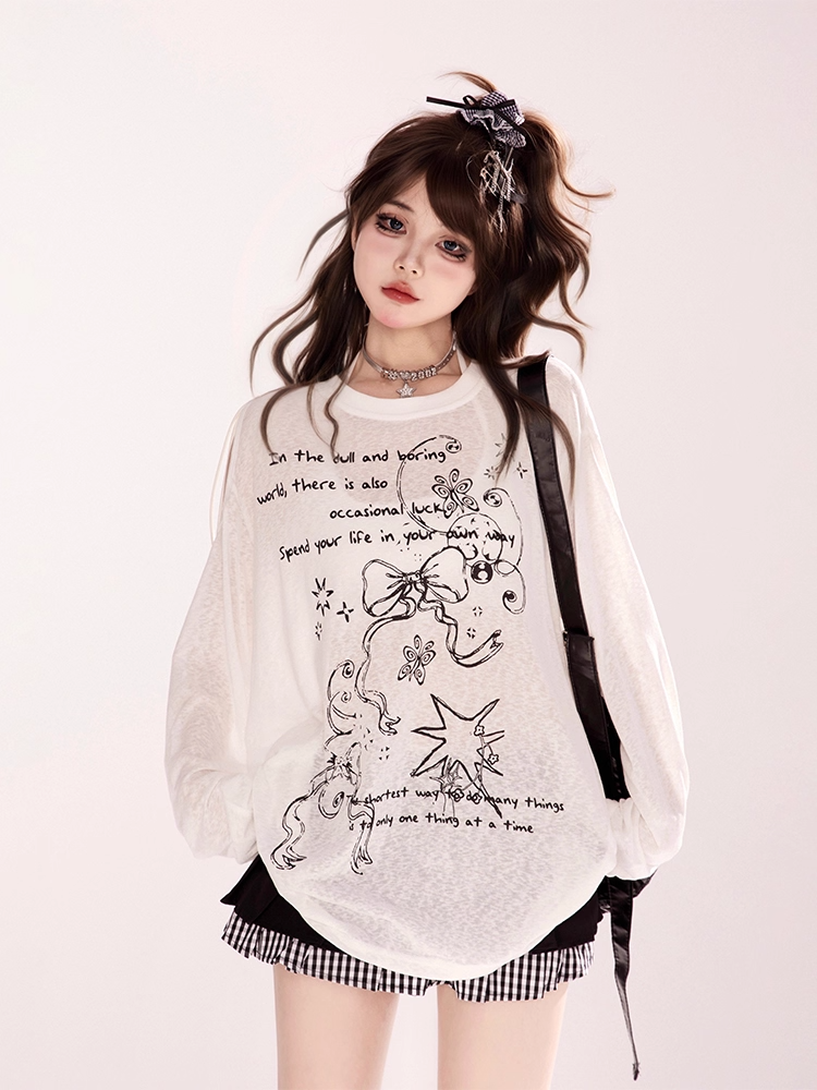 Bowknot Graffiti Print Cutout Shoulder Black/White Semi-sheer Coverup