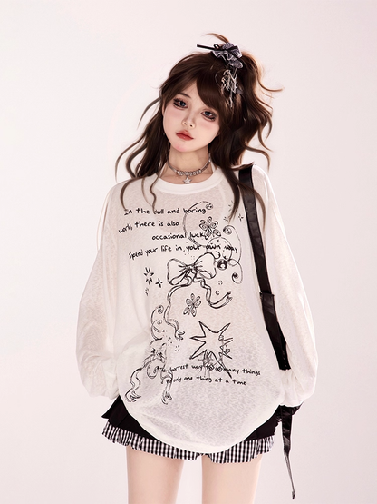 Bowknot Graffiti Print Cutout Shoulder Black/White Semi-sheer Coverup