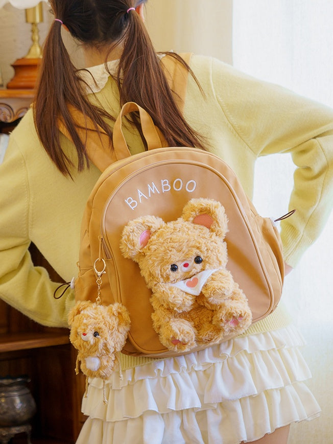Dark Yellow Cute Backpack With A Detachable Bear Plushie