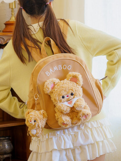 Dark Yellow Cute Backpack With A Detachable Bear Plushie