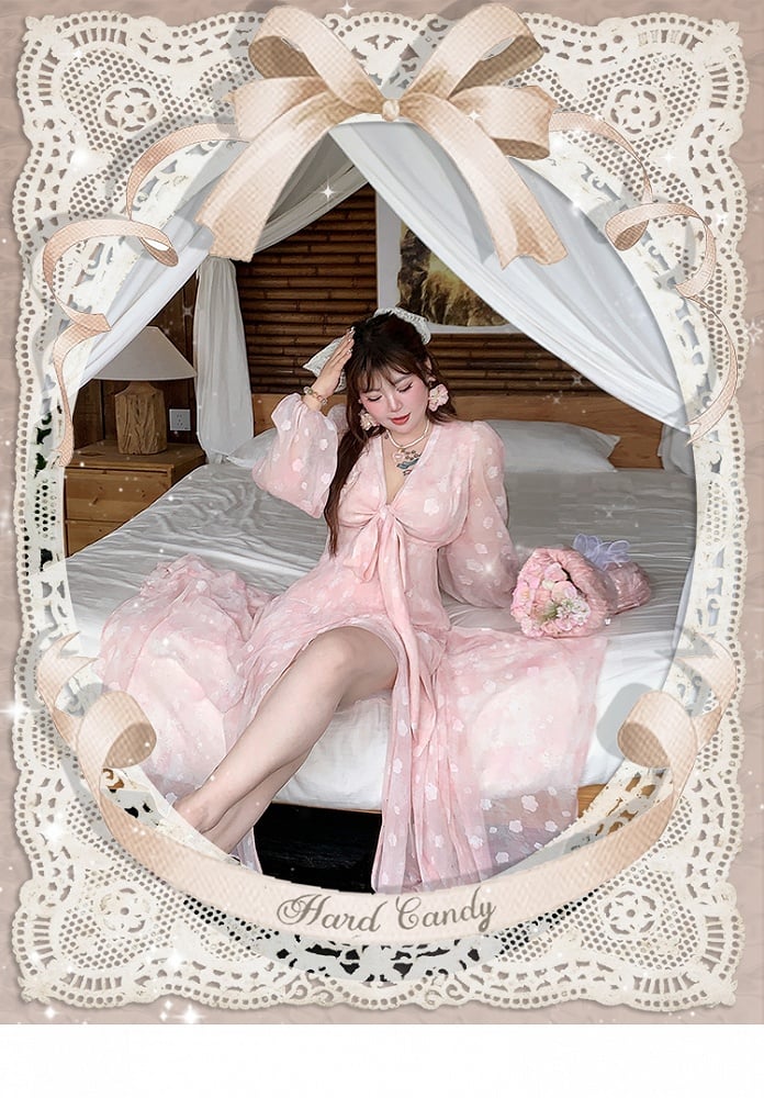 Plus Size Self-tie Bowknot Front Pink Peach Blossom Print Holiday Dress