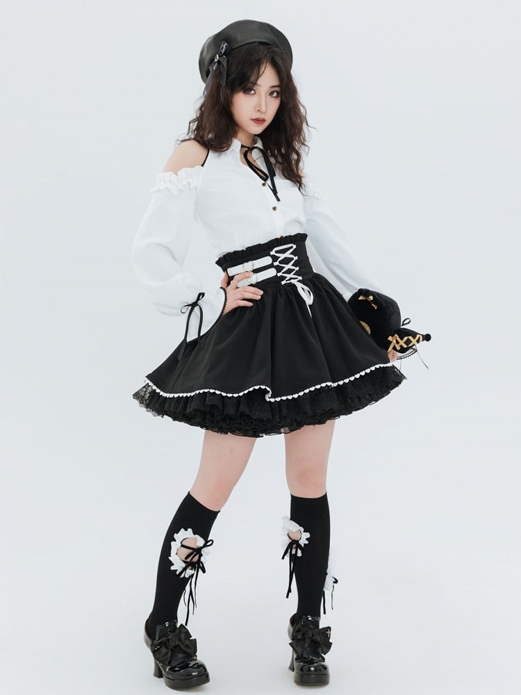 Jirai Kei Buckles and Lace-up High Waist Black Skirt US Size