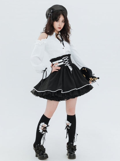 Jirai Kei Buckles and Lace-up High Waist Black Skirt US Size