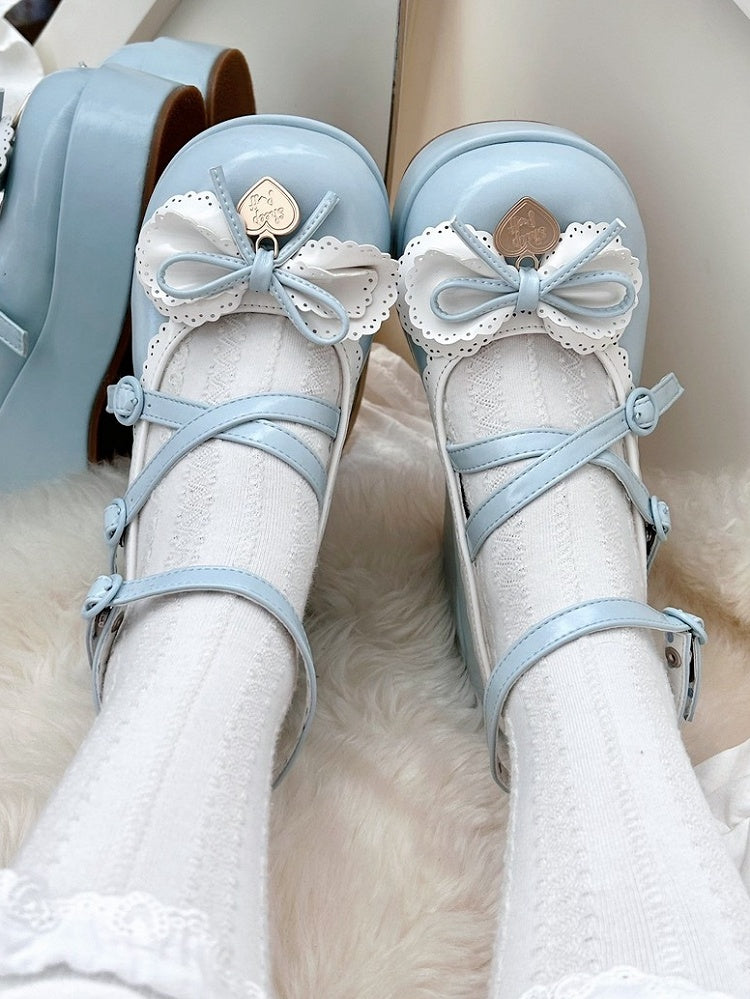 Buckle Ankle Strap Sweet Blue Knotted Bow Accent Platforms