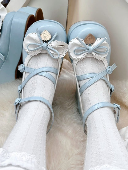 Buckle Ankle Strap Sweet Blue Knotted Bow Accent Platforms