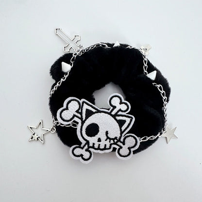 Black/White Skeleton Applique Gothic Plush Scrunchie
