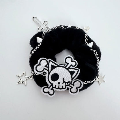 Black/White Skeleton Applique Gothic Plush Scrunchie