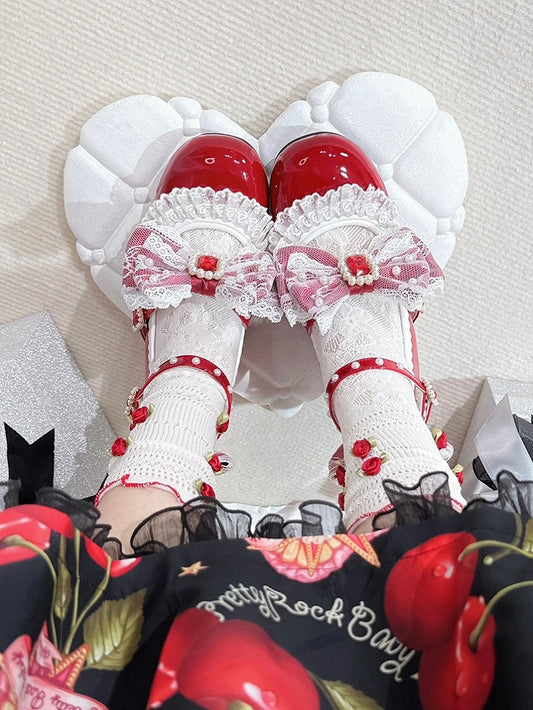 Polished Red Detachable Rhinestone And Beaded Decorated Bowknot Lace Trim 4.5CM Block Heels Shoes