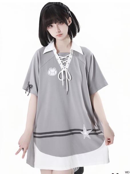 Gray Lace-up Neckline Bunny and Star Applique Loose Dress