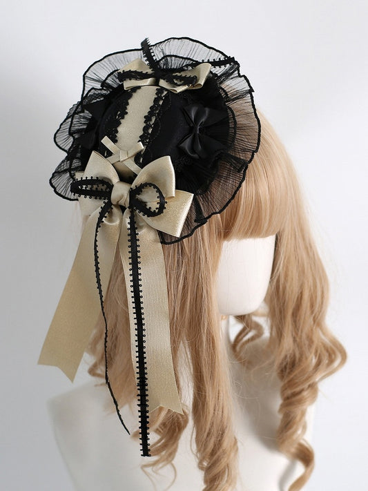 Black&Gold Sweet Lolita Bowknot Details Lace Trim Mini Hat