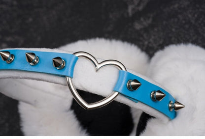 White & Blue Handmade Heart Ring Studded Plush Earmuffs