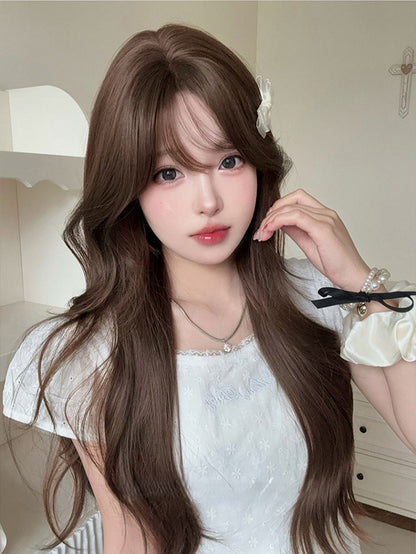 Brown 71CM Length Wavy Wig With Air Bangs