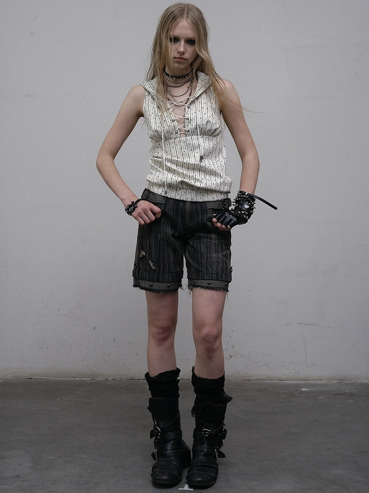 Black Wasteland Punk Studs Decorated Buckle Details Faded Wash Shorts