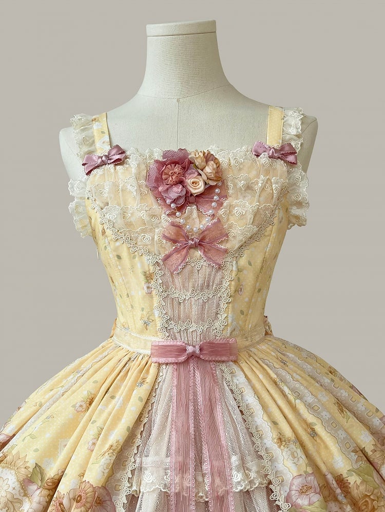 Clearance-Size XL for Bust 96-106CM Farm Ducks and Sunflowers Print Yellow Sweet Lolita Jumper Skirt