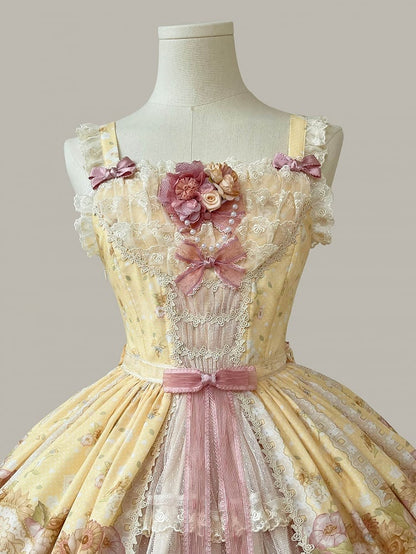 Clearance-Size XL for Bust 96-106CM Farm Ducks and Sunflowers Print Yellow Sweet Lolita Jumper Skirt