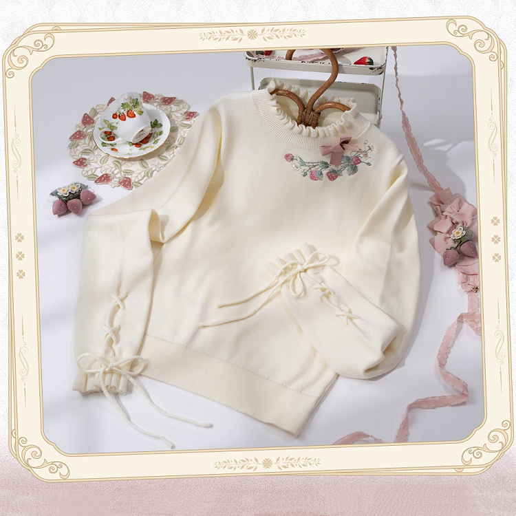 Strawberry Embroidery Neckline Lace-up Cuffs Beige Autumn Knit Top