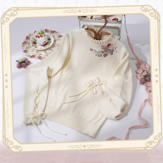 Strawberry Embroidery Neckline Lace-up Cuffs Beige Autumn Knit Top
