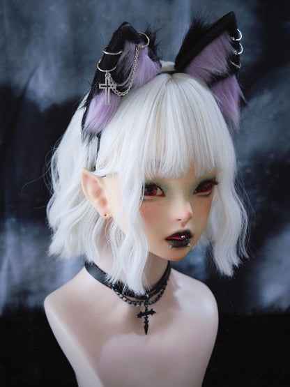 Gothic Black and Purple Kitty Ears KC with Cross Chains