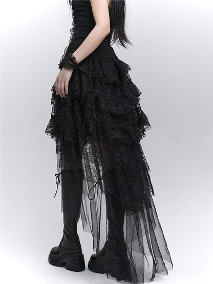 Gothic Black High-Low Tiered Lace Skirt