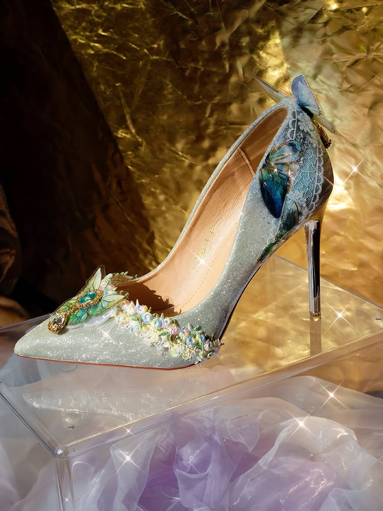 Silver Rhinestone Decorated Butterfly Details Pointed Toe 7.5CM/10.5CM High Heels