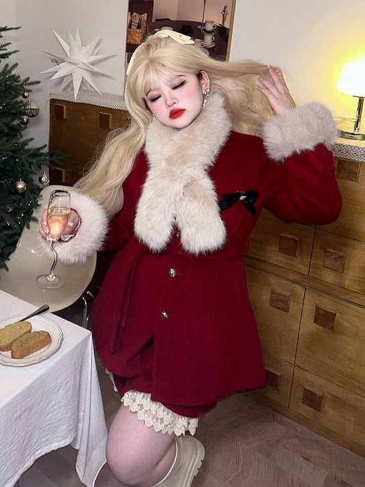 Plus Size Red Coat with Plush Collar and Cuffs