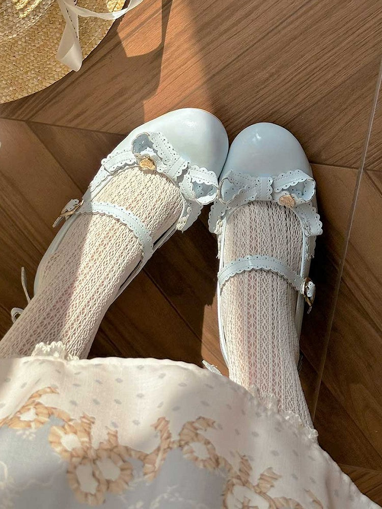 Blue Heart Decorated Bow at Top Mary Janes