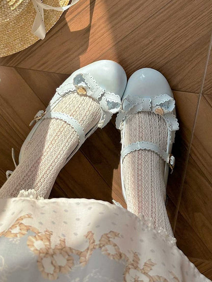 Blue Heart Decorated Bow at Top Mary Janes