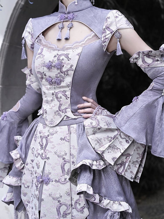 Purple Cheongsam Collar Short Sleeves Top Tassel Charm Decorated