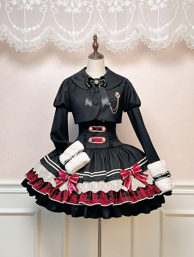 Black Juliette Sleeves Lolita Cropped Coat with White Faux Fur Collar and Cuffs