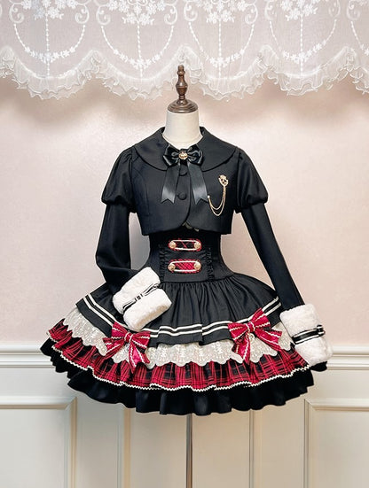 Black Juliette Sleeves Lolita Cropped Coat with White Faux Fur Collar and Cuffs