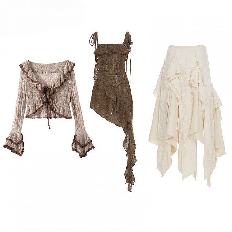 Brown Millard Fashion Asymmetrical Hem Cami Dress + Bell Sleeves Cardigan + White Asymmetrical Hem Skirt