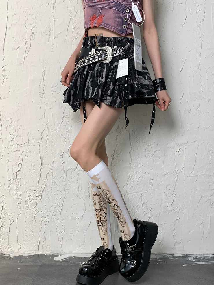 White Y2K Cross And Bowknot Print Underknee Stockings