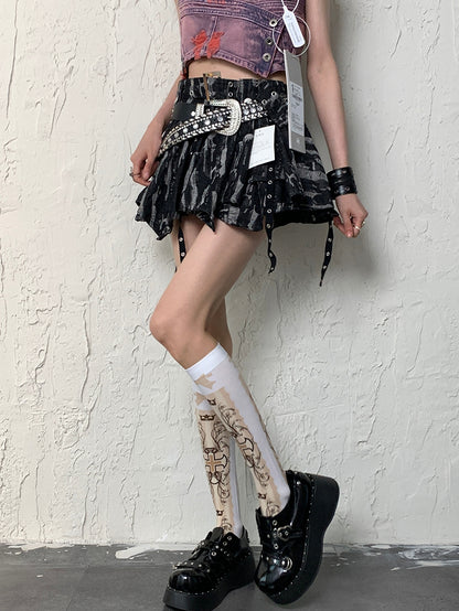 White Y2K Cross And Bowknot Print Underknee Stockings