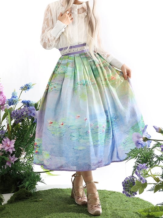 Water Lily Oil Painting Print Gray and Purple High Waist Skirt Long/Short Version