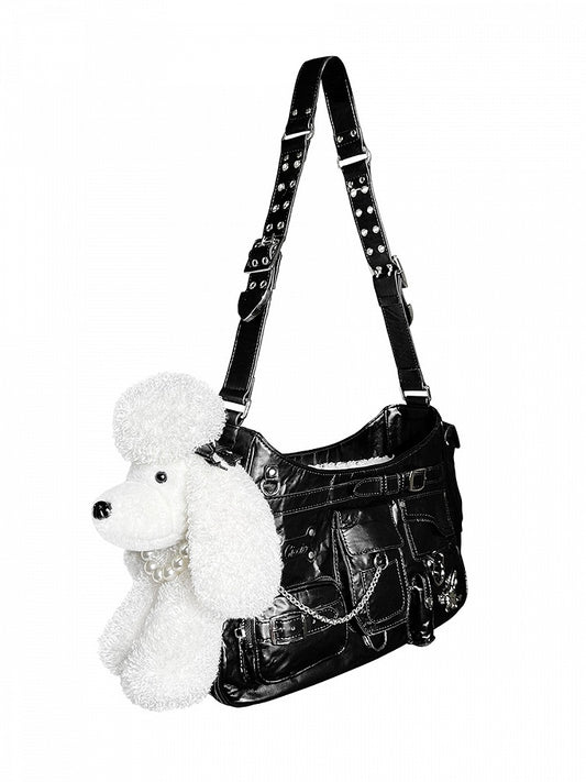 Black/Brown Plush Puppy PU Shoulder Bag